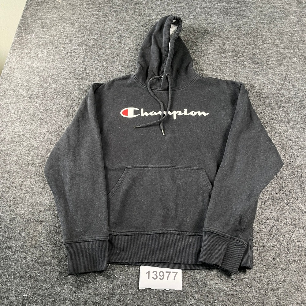 Champion Athleticwear Hoodie Mens Medium Black Graphic Logo Ribbed Trim Casual